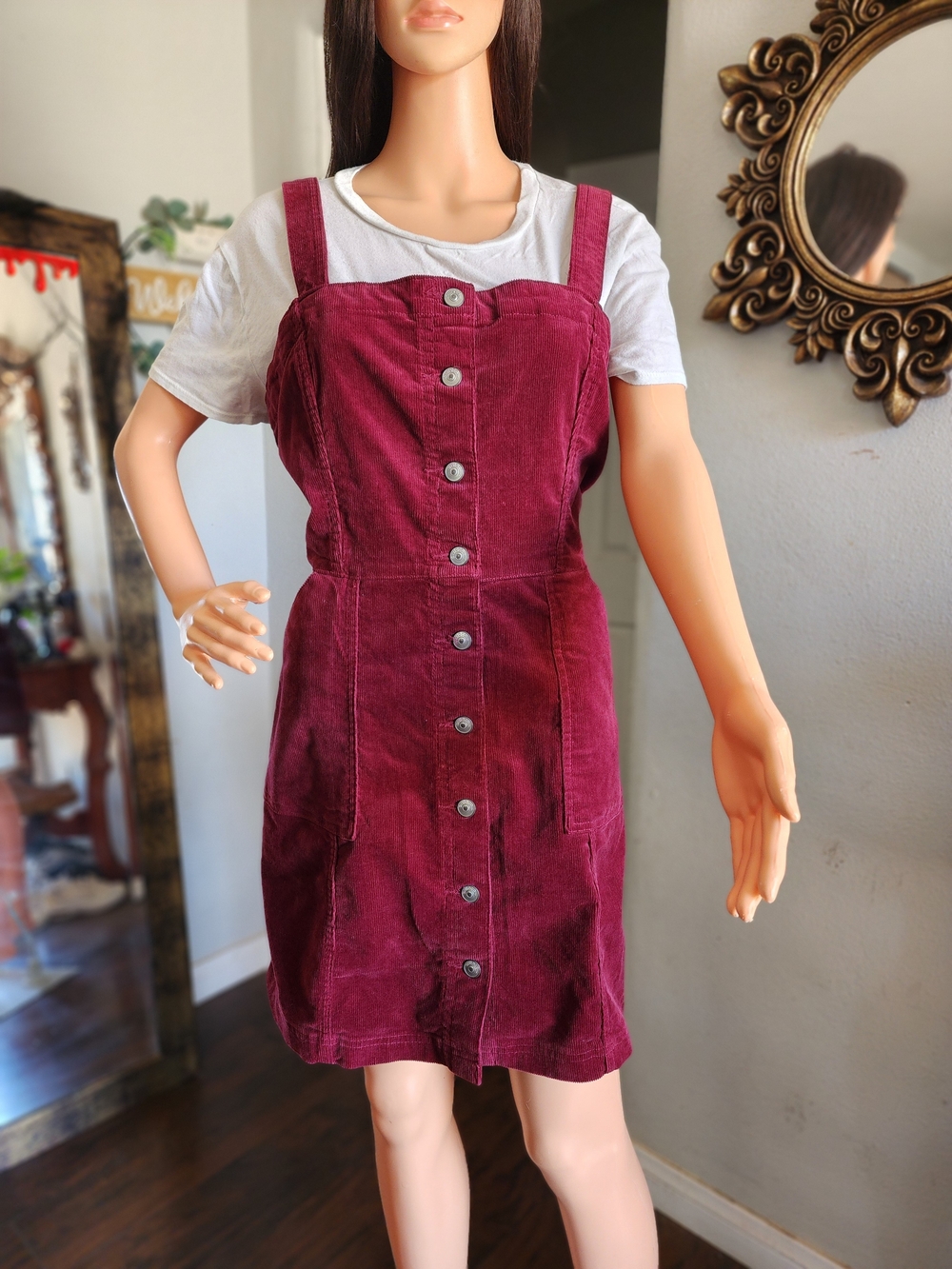 Divided Burgundy Corduroy Button-Front Mini Dress
